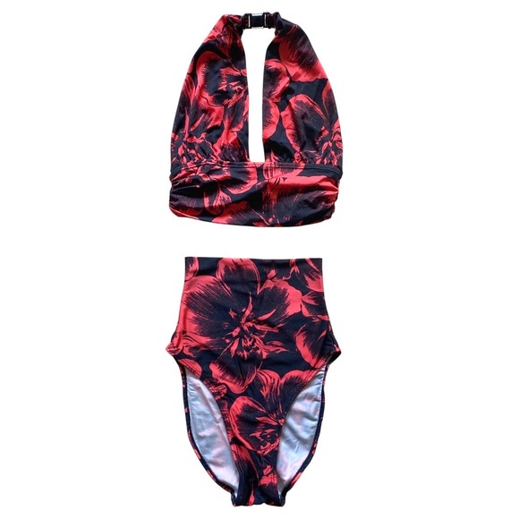 VTG 80s PIERRE CARDIN Floral Halter Neck High Cut 2 Piece Bikini Swimsuit SZ 10